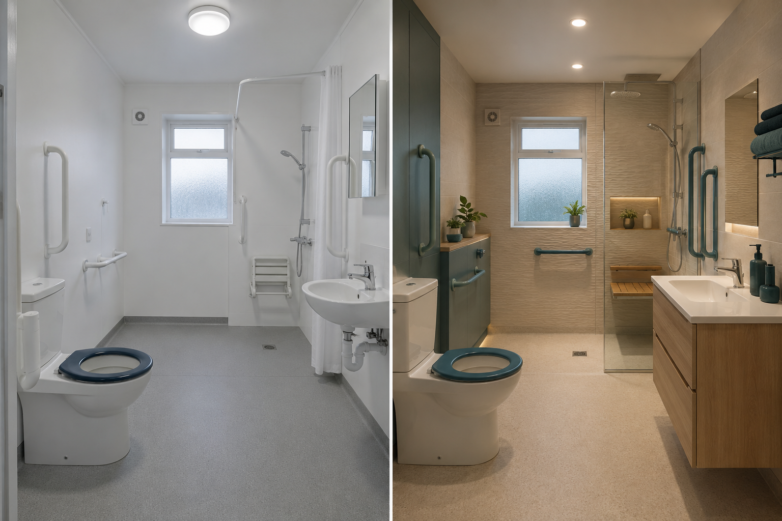 A clinical accessible bathroom shown beside a warmer design-led adaptation