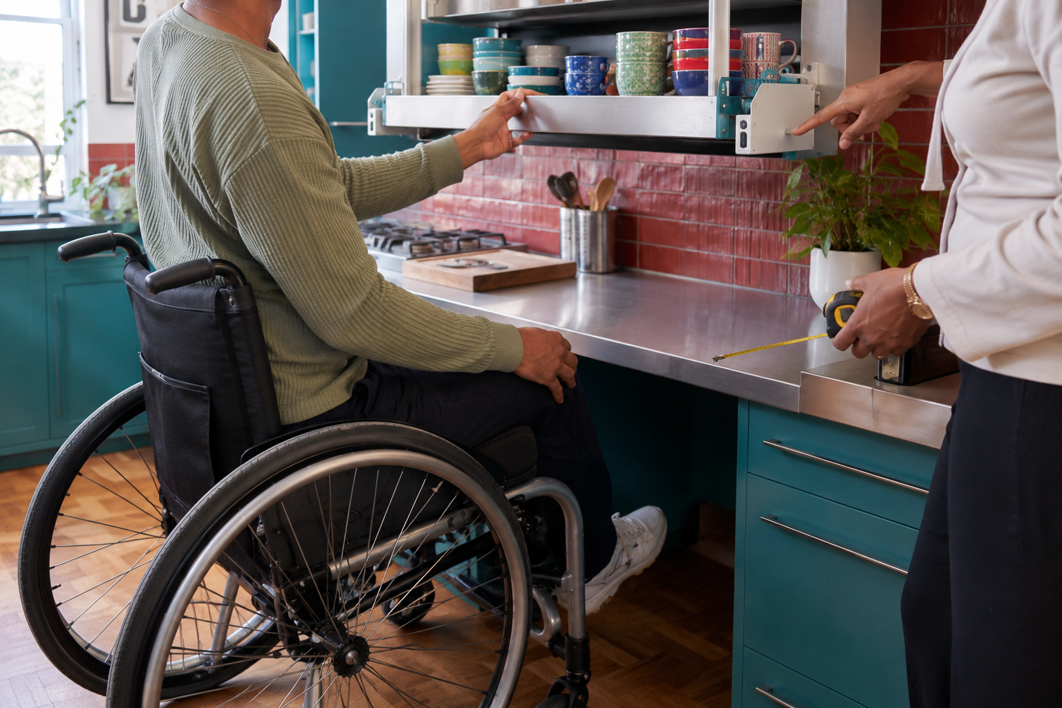 A wheelchair user trying an accessible pull-down kitchen shelf while an adviser measures the worktop