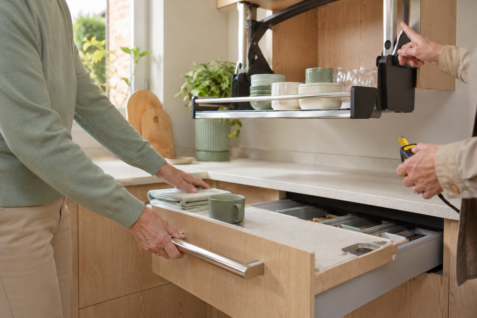 A homeowner testing easy-reach kitchen drawers and a pull-down cupboard shelf
