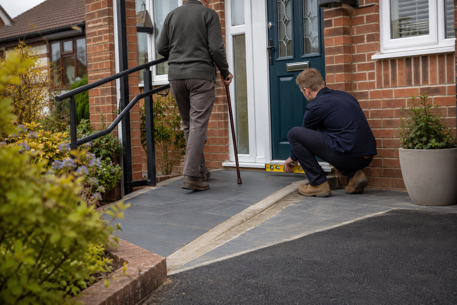 A homeowner using a handrail beside a gently sloped entrance while an installer checks the threshold
